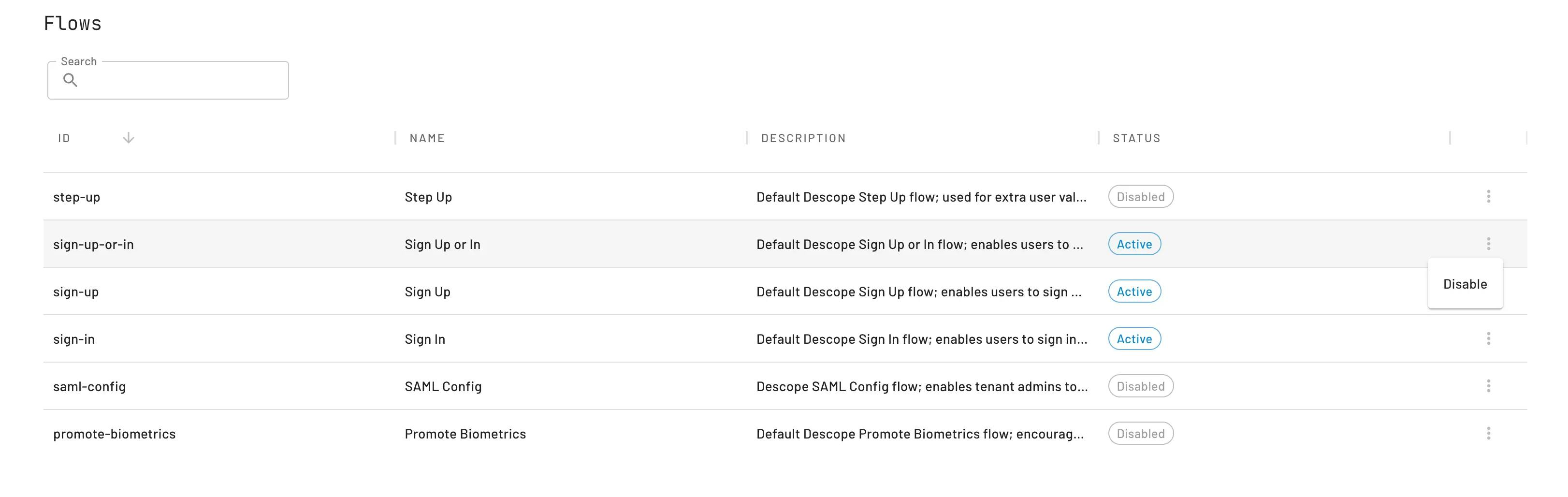 Descope disable components not in use flows