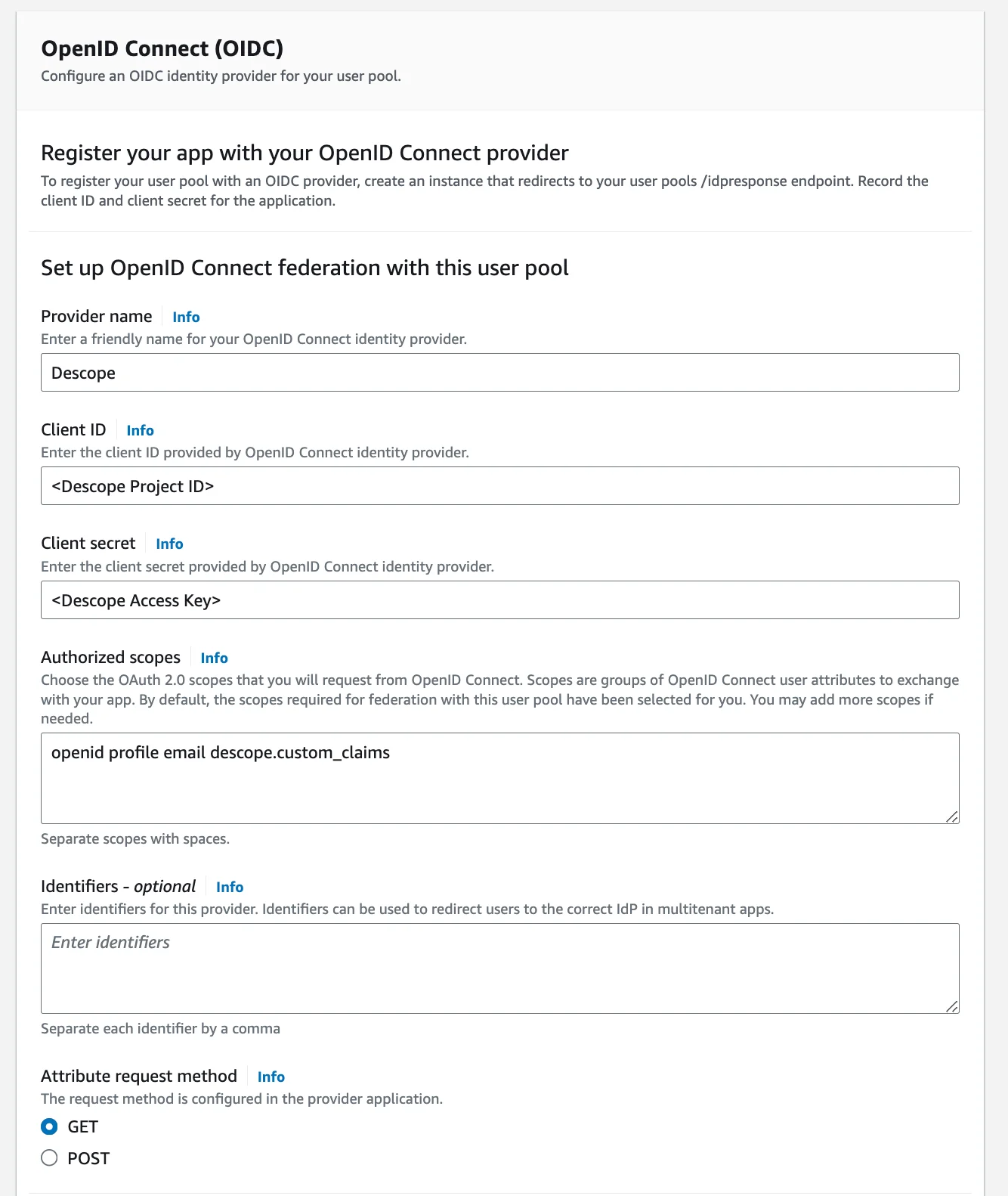 Descope OIDC with AWS Cognito as auth provider cognito configuration 3