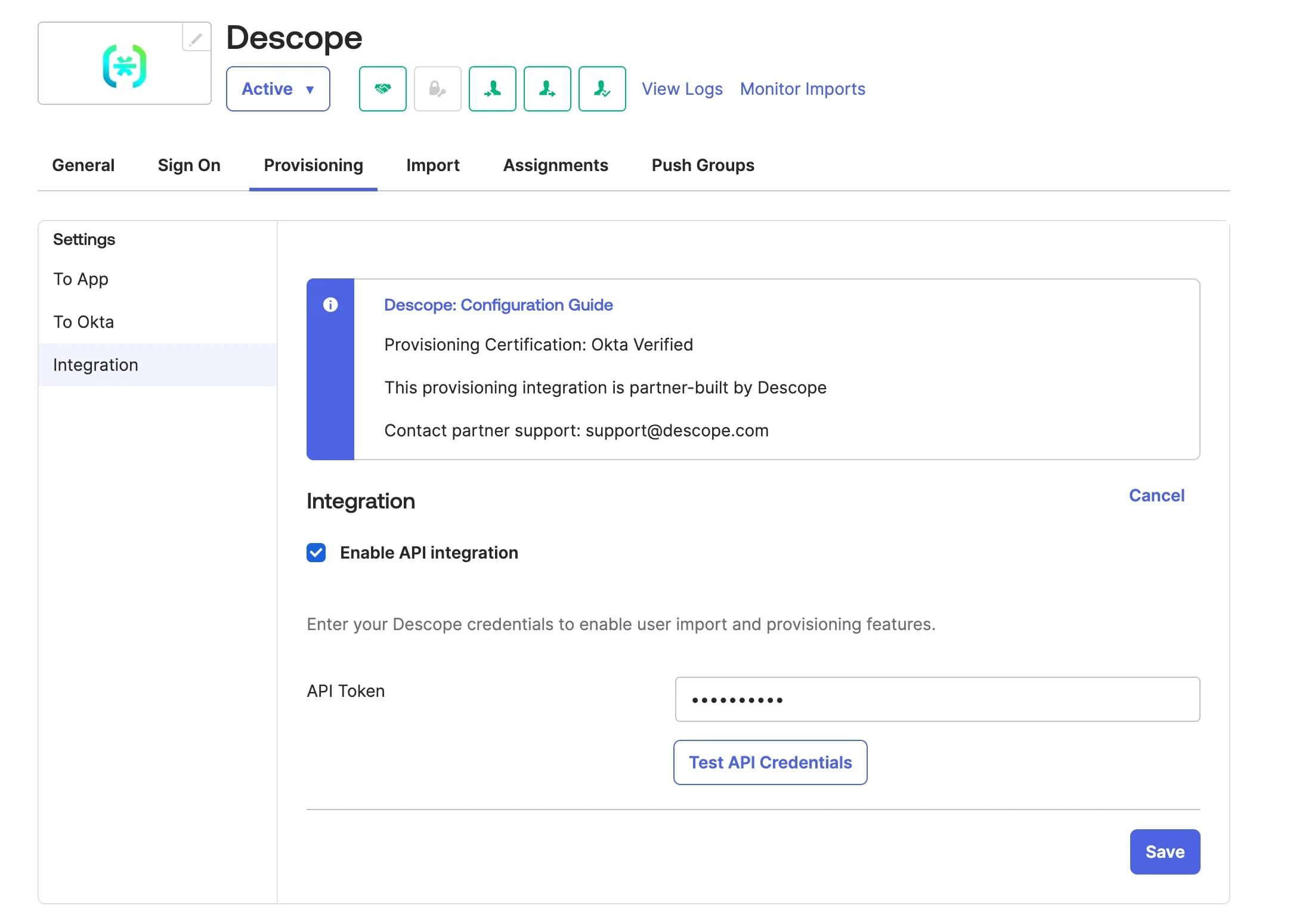 Descope SCIM configuration within IdP