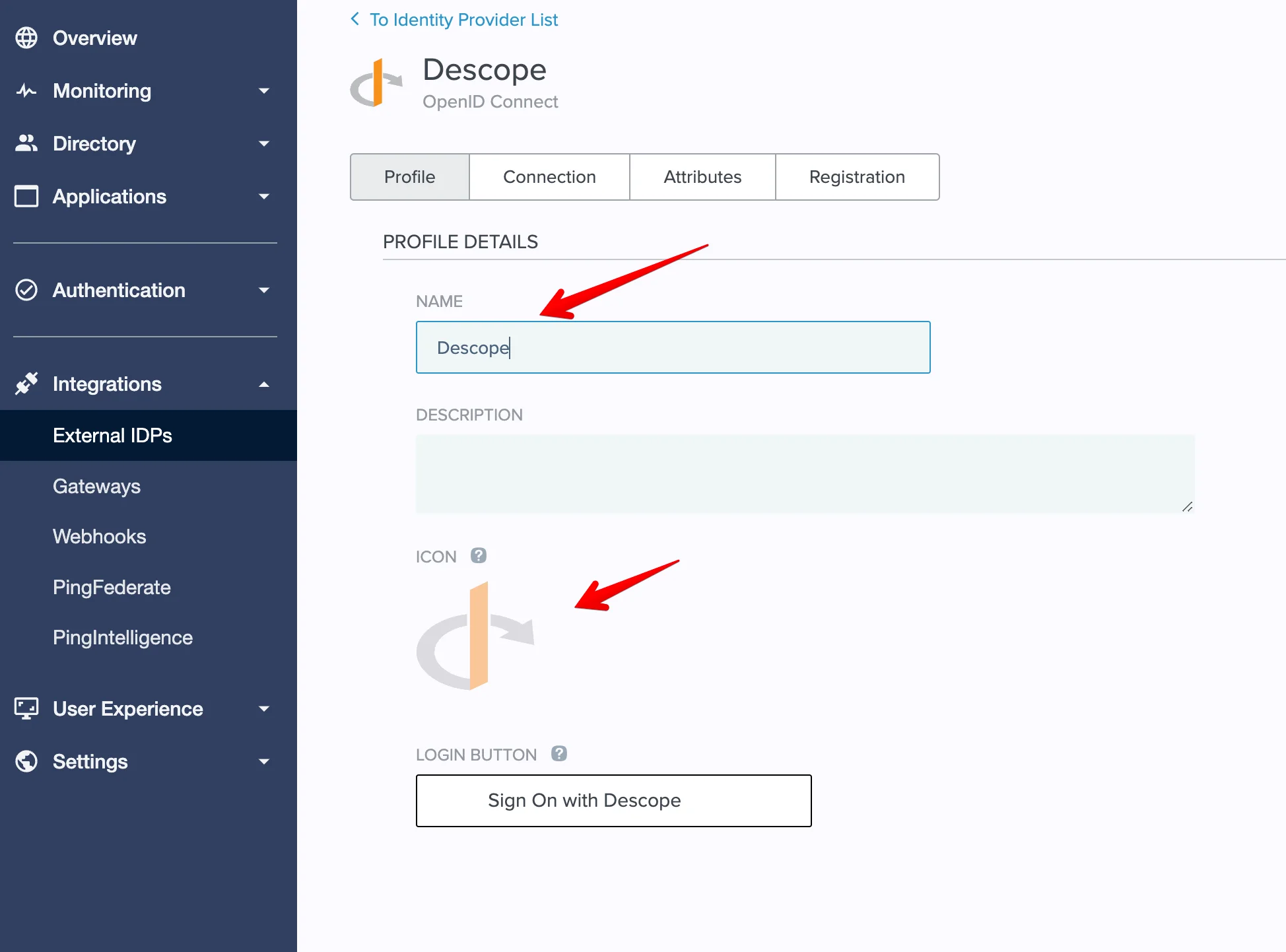 Descope OIDC with Ping Identity logo and name