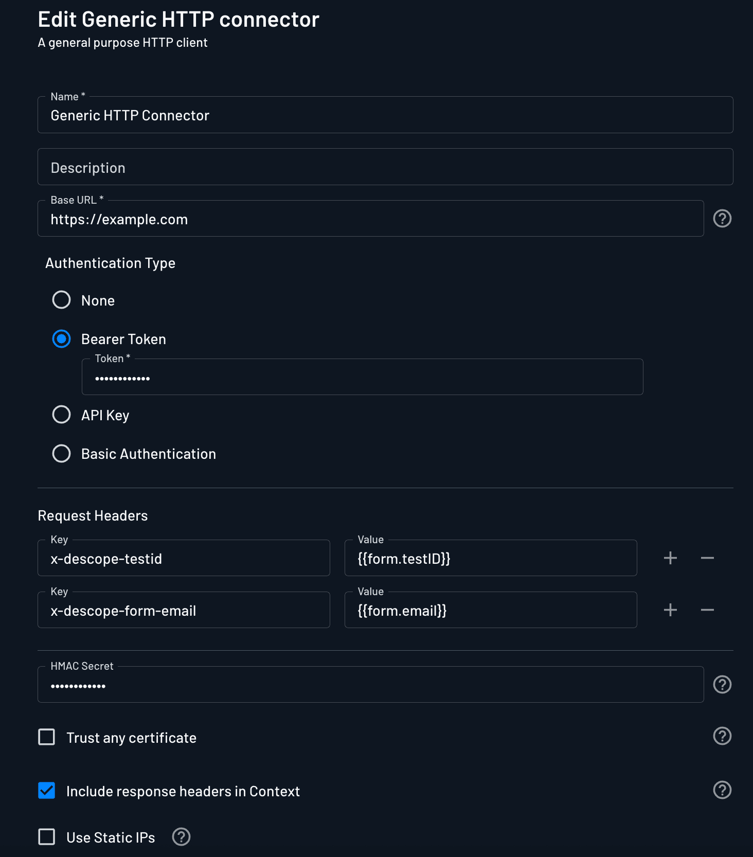 An example of using dynamic values to send data to the Descope HTTP Connector as part of the HTTP headers