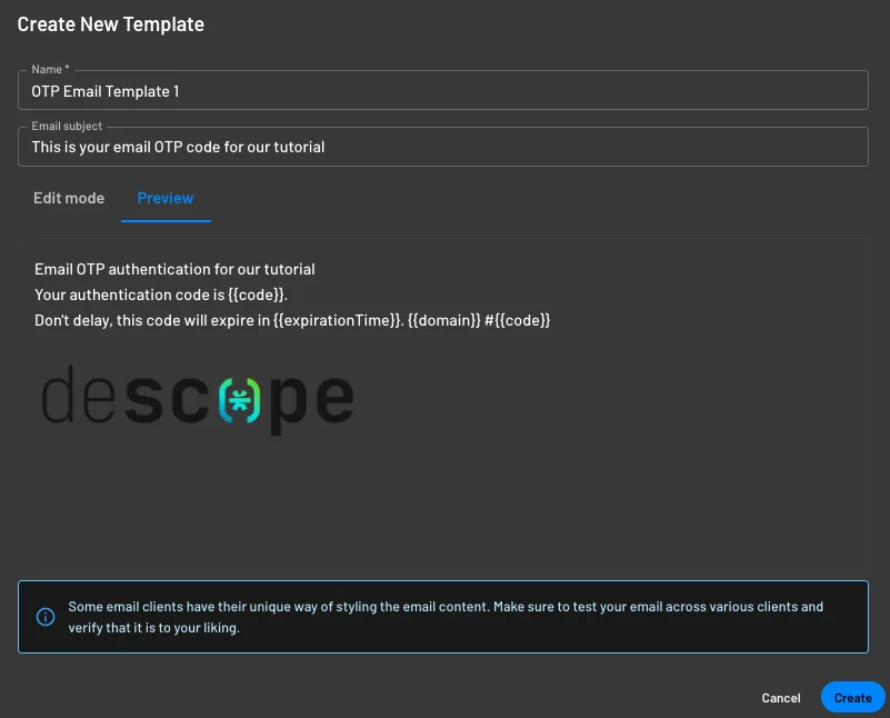 Example of a customized template for email authentication methods in Descope