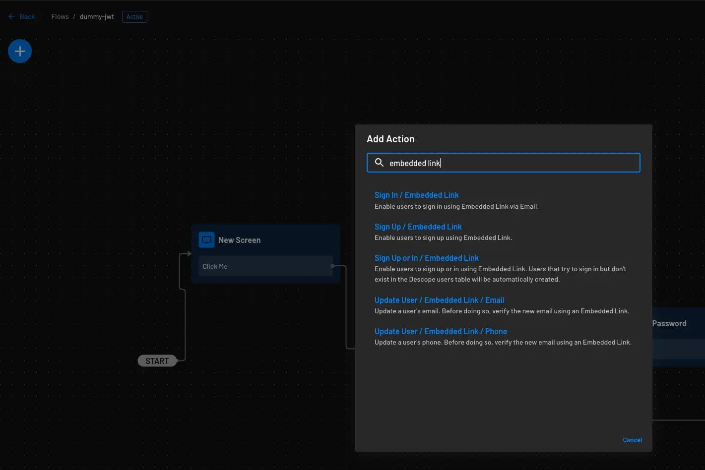 Descope adding embedded link actions within flow