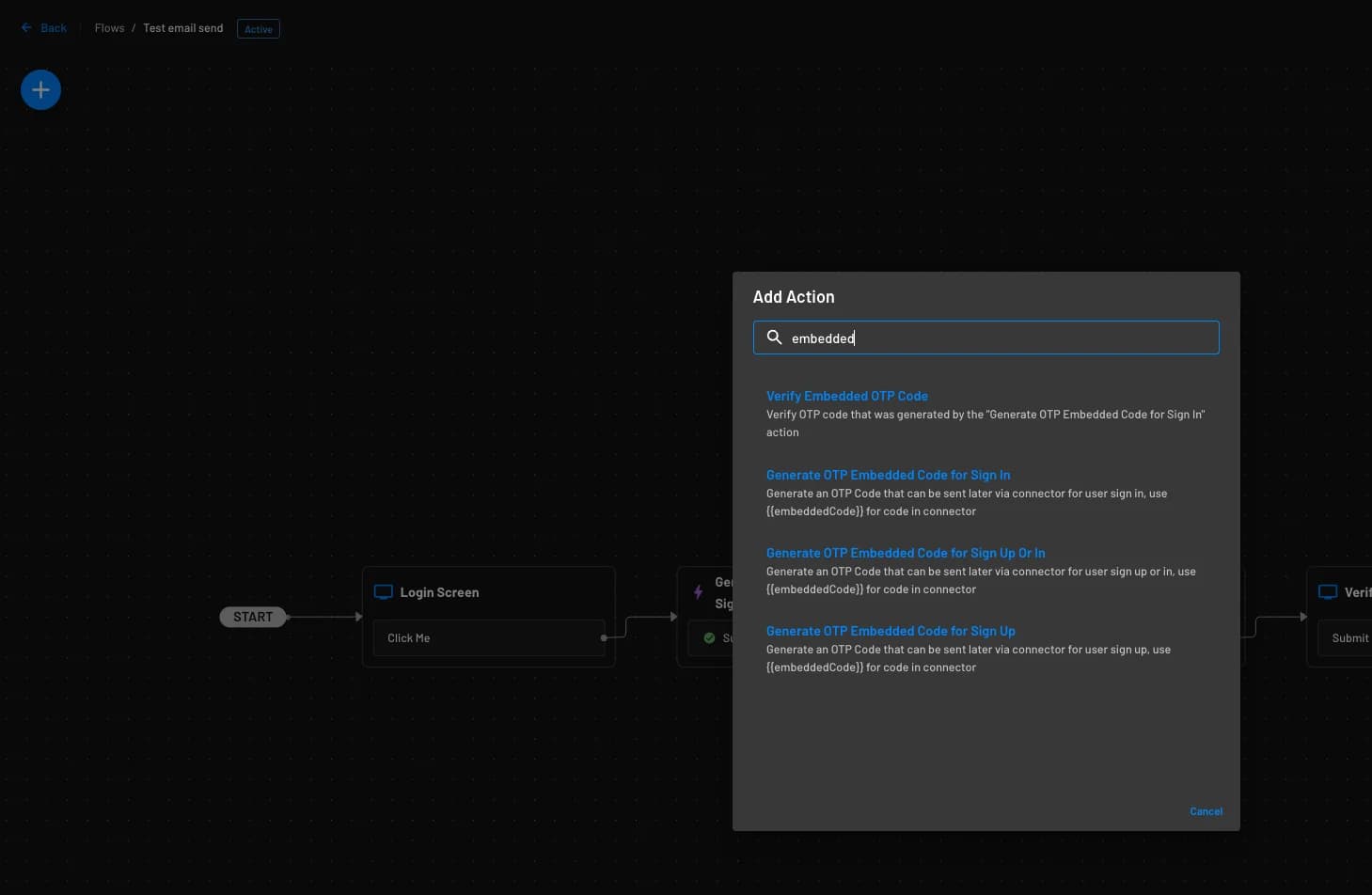 An example of embedded OTP actions within the Descope flow builder