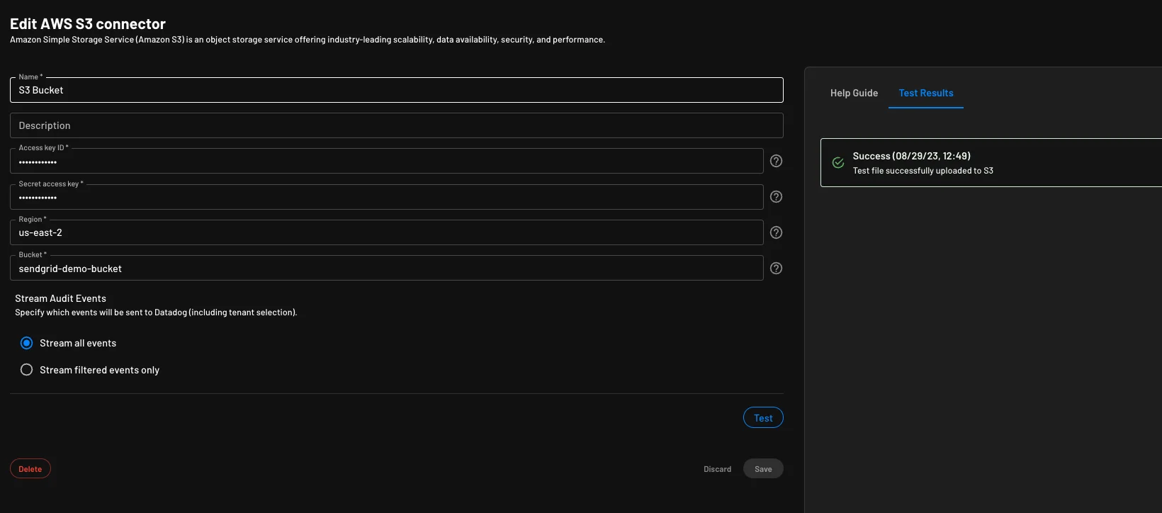 An example of a configured Amazon S3 connector within Descope