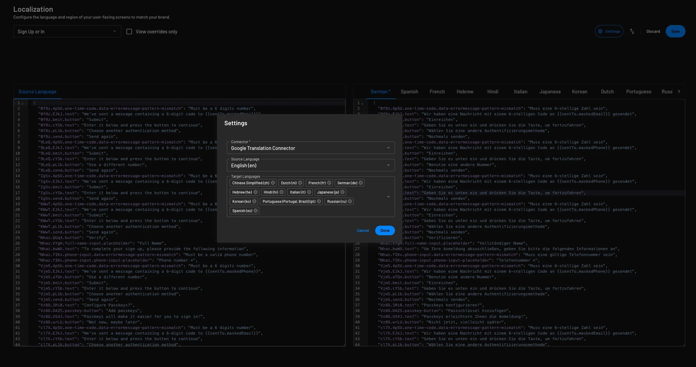 An example configuration of localization with a connector within Descope (Knowledge base guide)