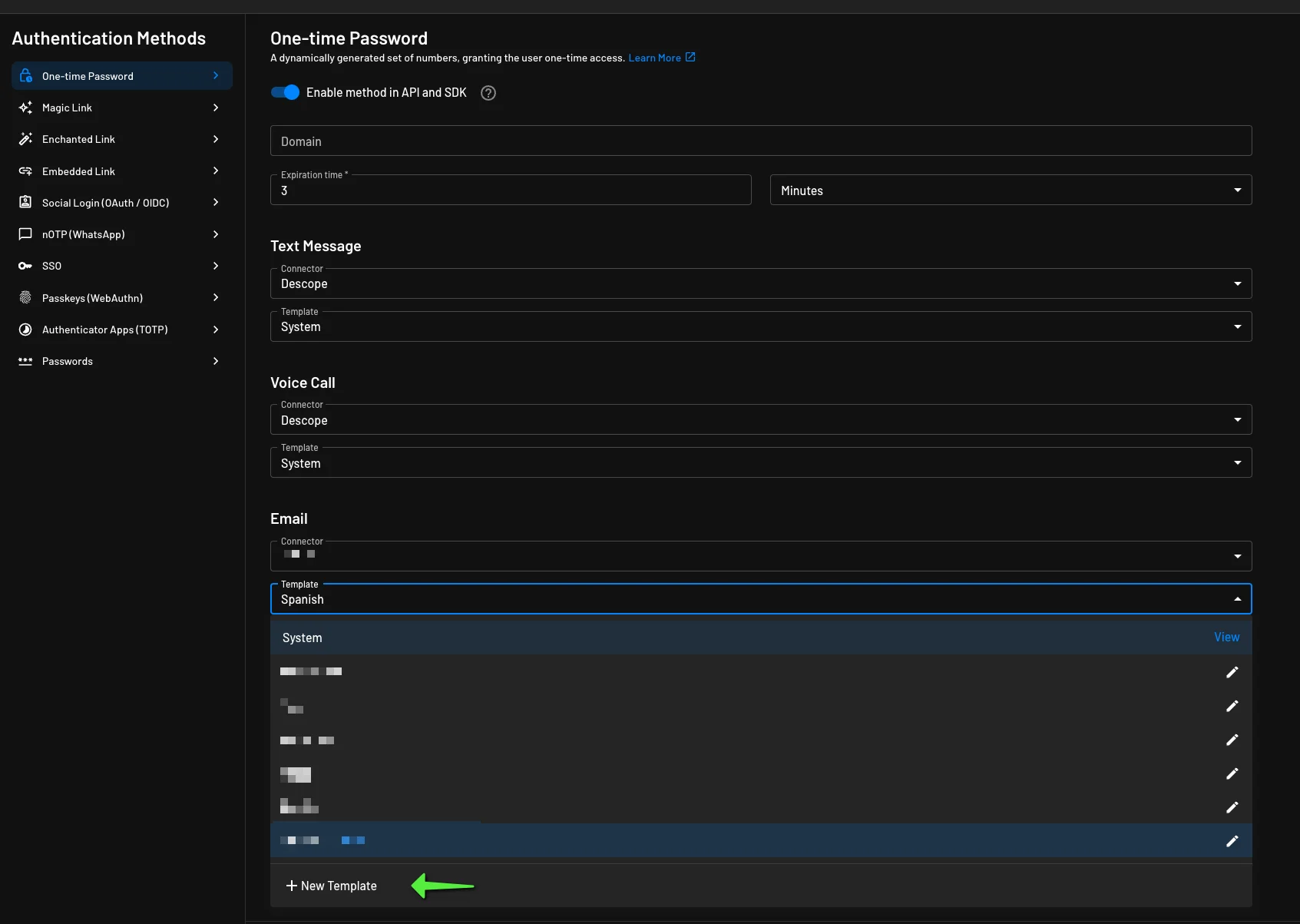 Example of creating a new template for email authentication methods in Descope