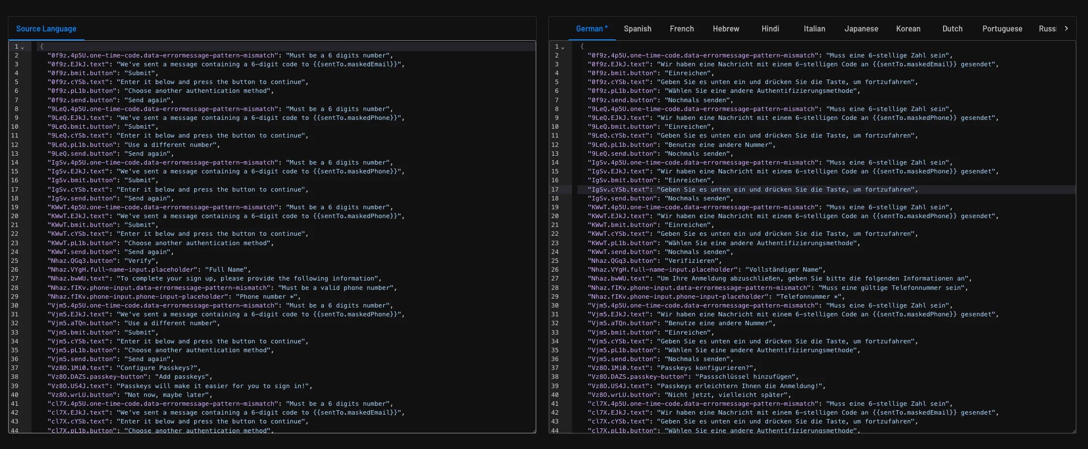 An example output of connector based localization of a flow within Descope (Knowledge base guide)