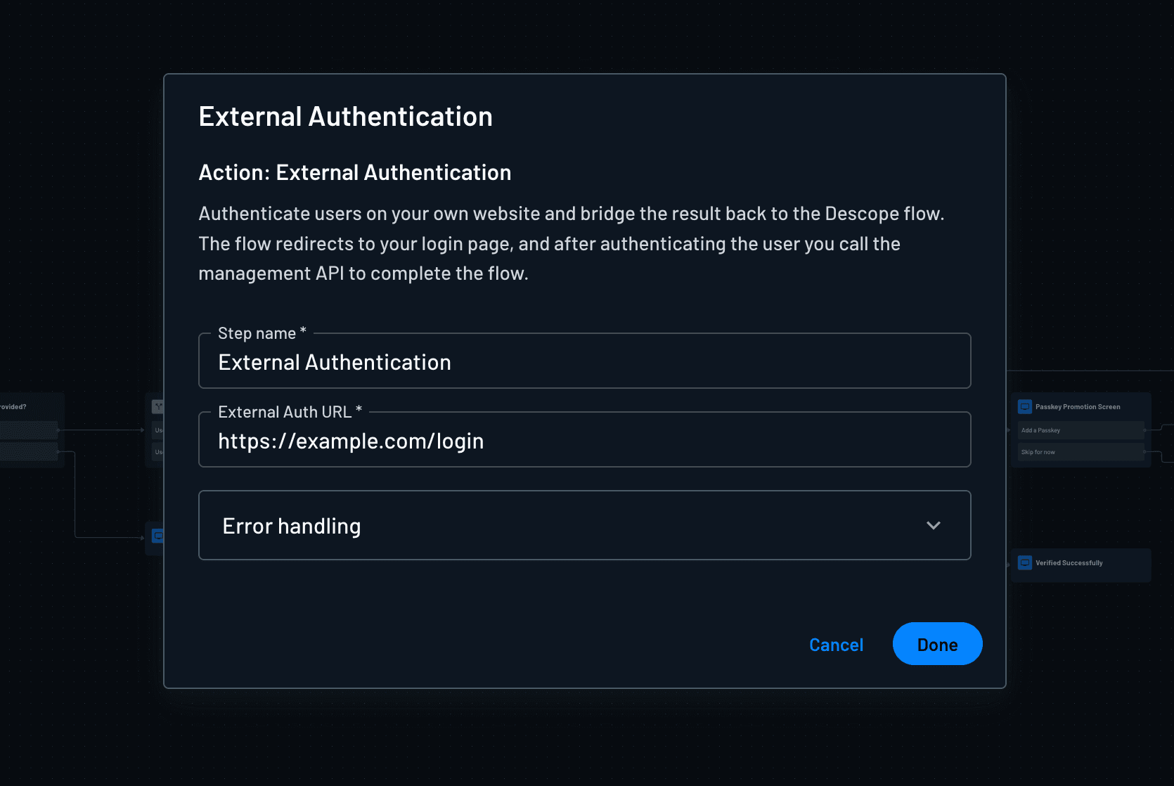 External Authentication flow action configuration