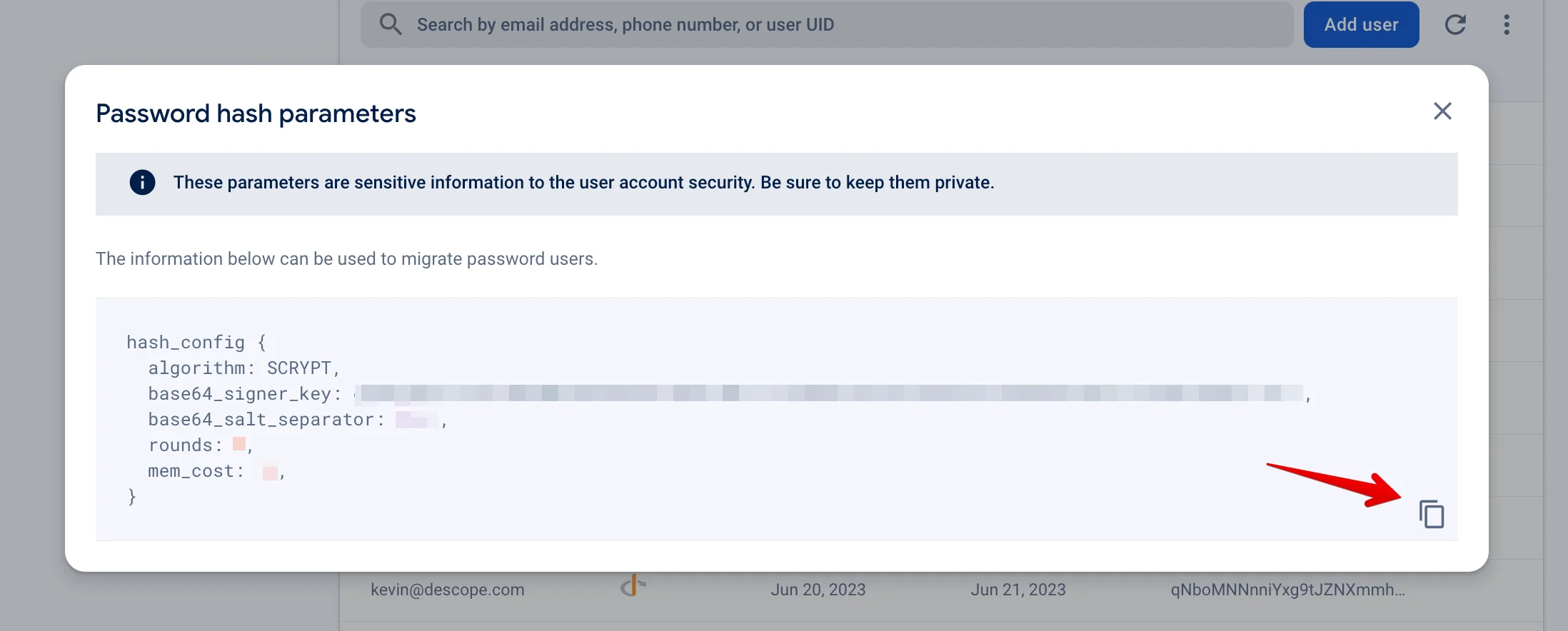 Firebase Password Hash Parameters