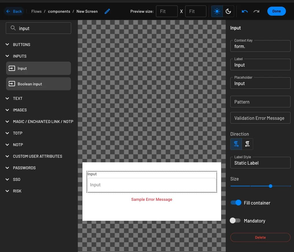 Configuring an input field component within Descope screen