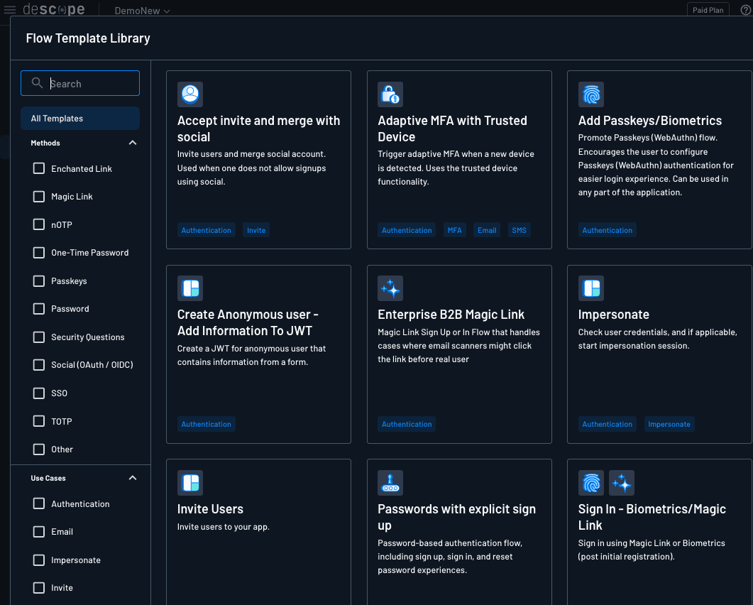 An overview view of Descope's flow library