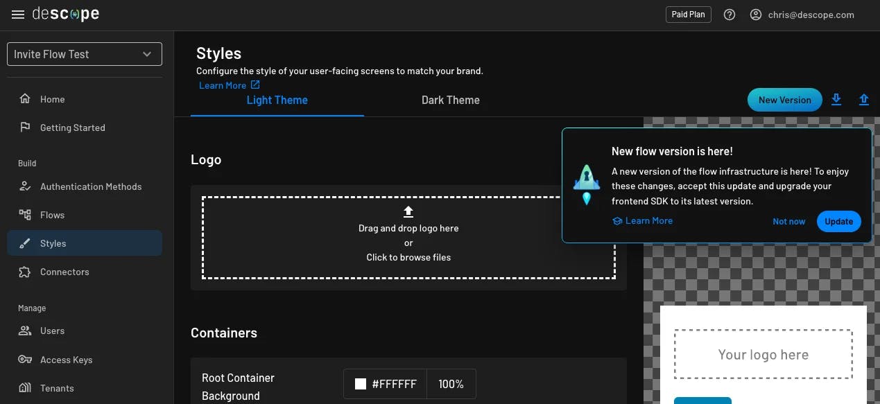 A prompt to update flows to V2 within the Styles page in Descope