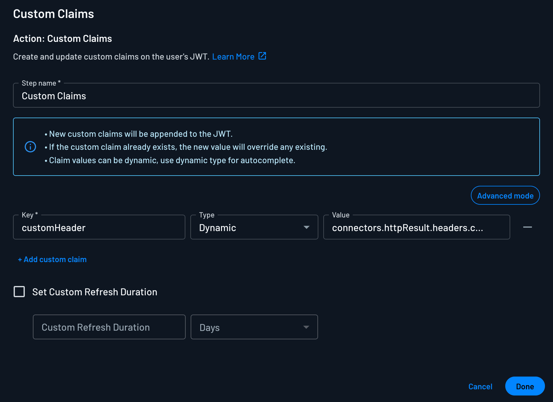 Configure Custom Claims Using Connector Header Response in Descope flow