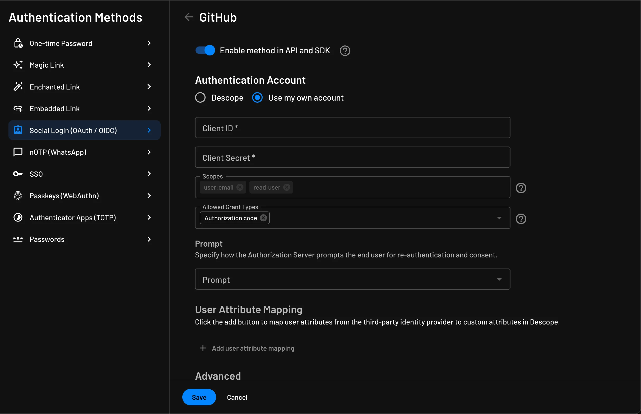 Github as OAuth method Descope setup