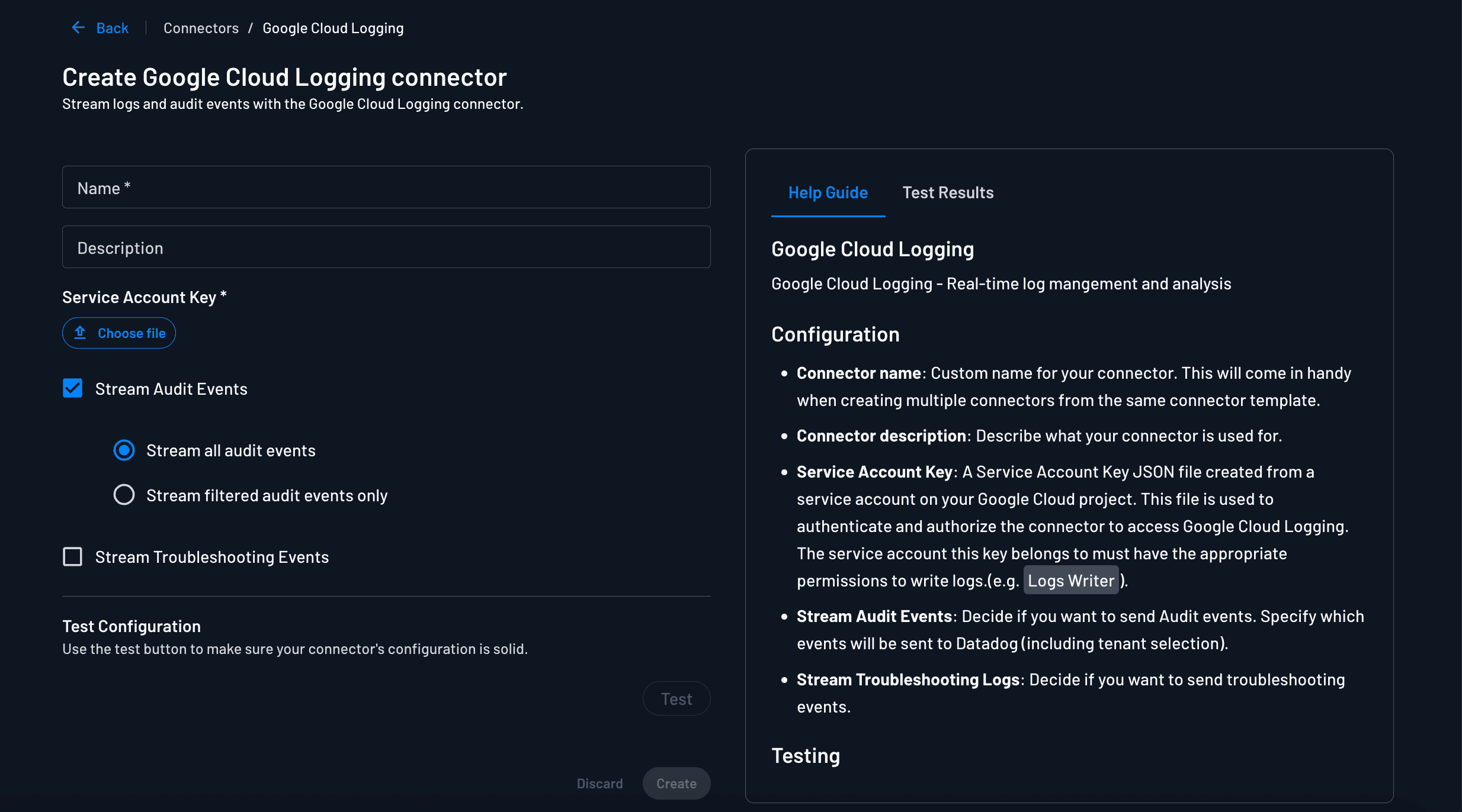 Google Cloud Logging connector setup