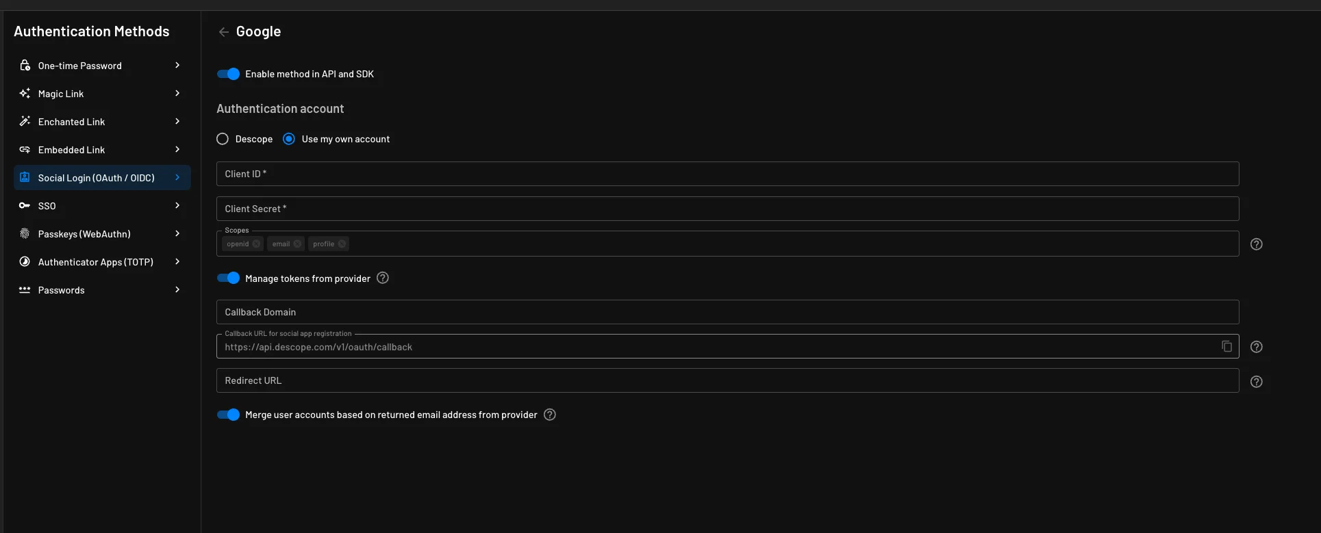 Descope custom social login with google, configuring within Descope 1