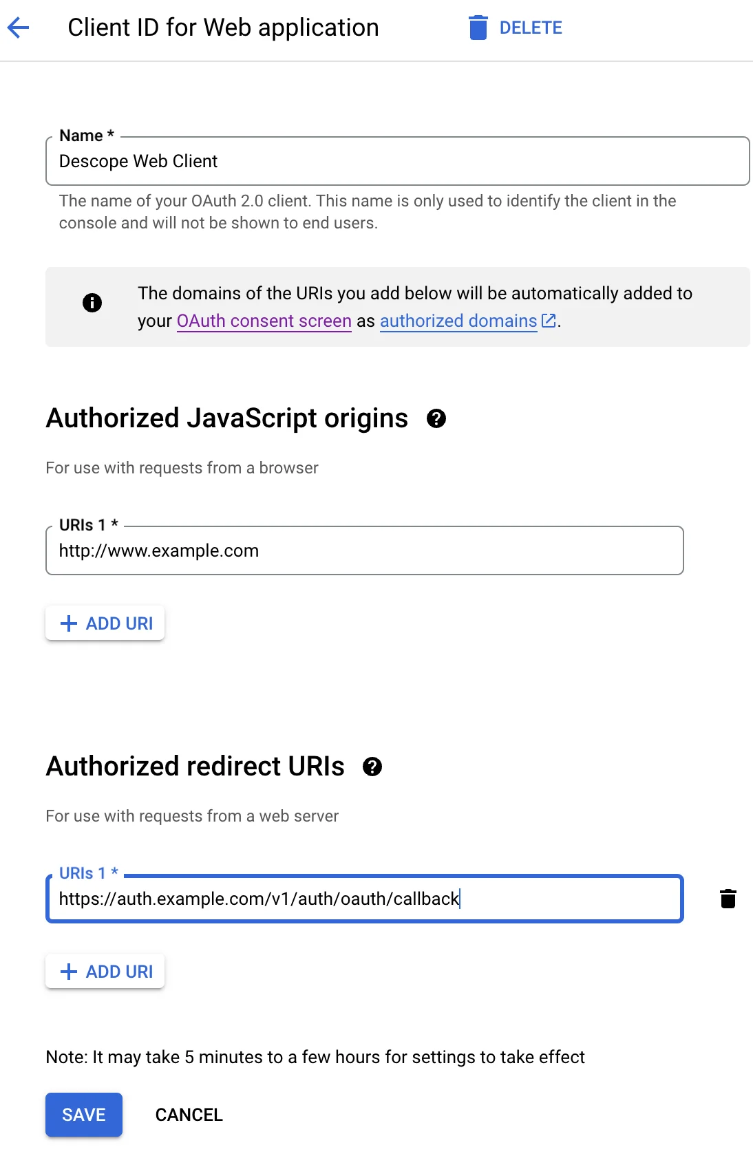 Descope custom social login with google, creating google application client for web application