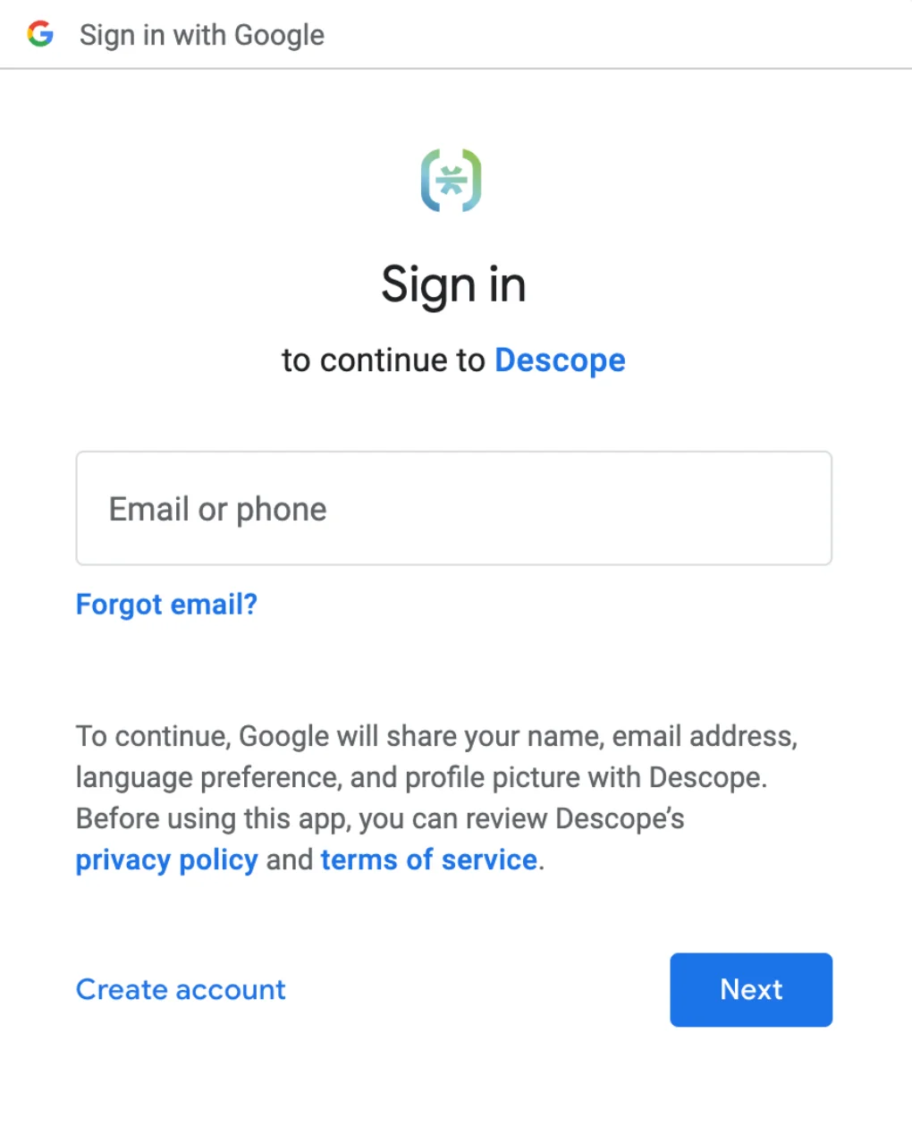 Descope custom social login with google, Descope signin example