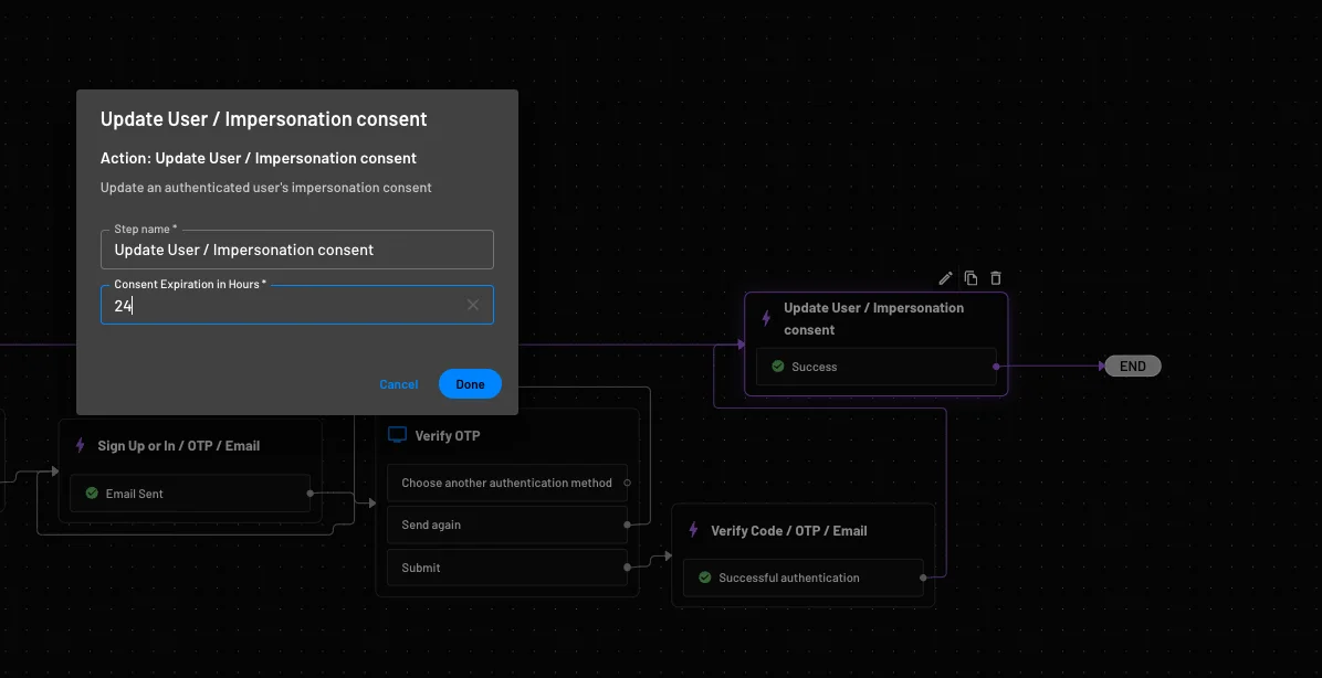 An example of adding the Update User / Impersonation consent action within Descope flows