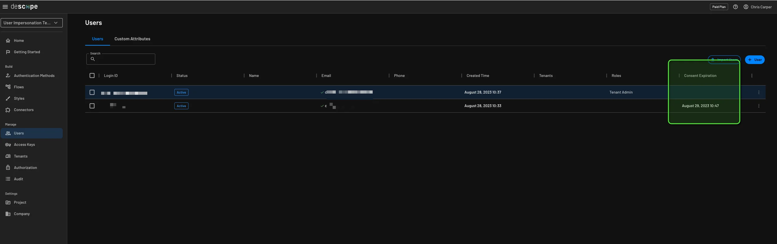 An example of the consent expiration within the users page in the Descope Console