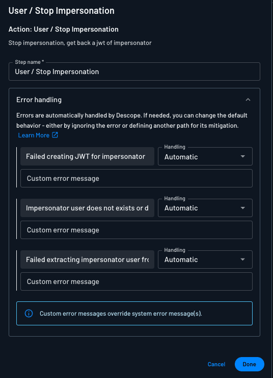 Stop Impersonate Action in Descope flow