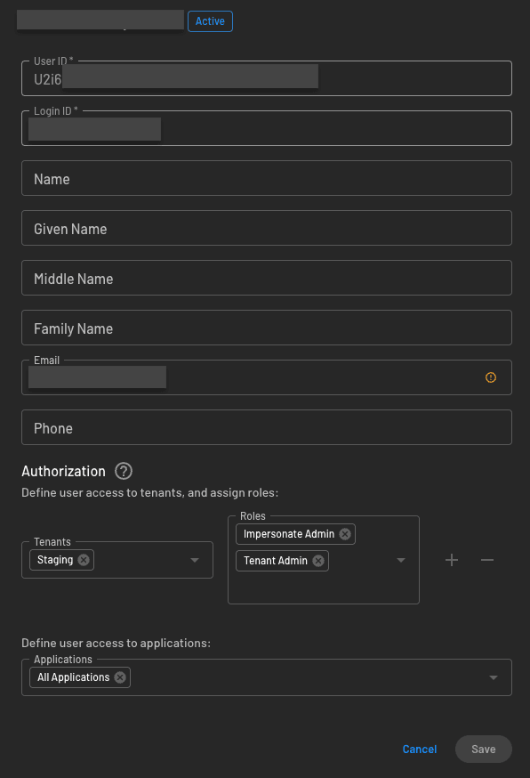 An example of the tenant level impersonation within the users page in the Descope Console