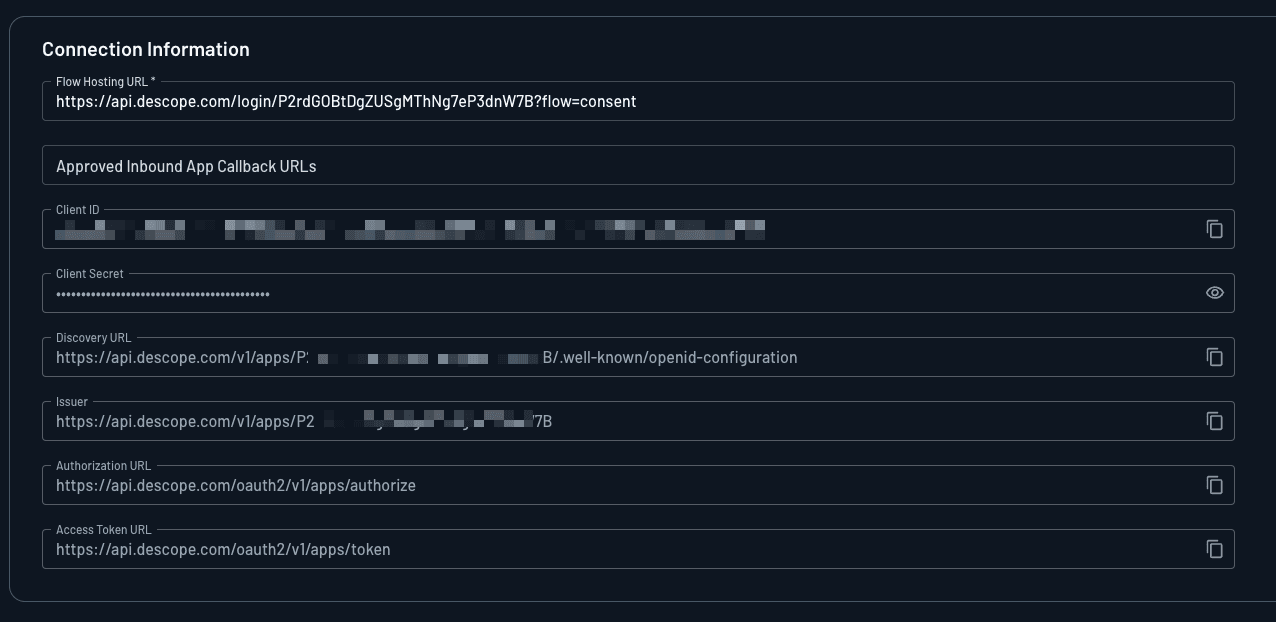 Configuring an inbound app's connection information in Descope