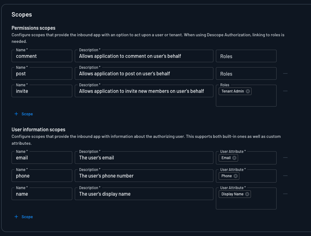 Configuring an inbound app's scopes in Descope