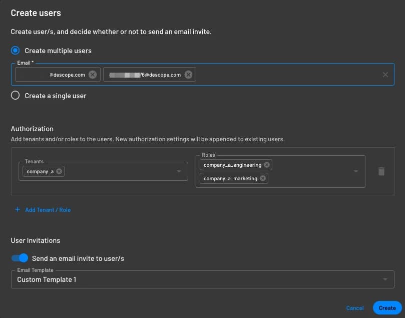 An example of sending an invite with a customized template in Descope