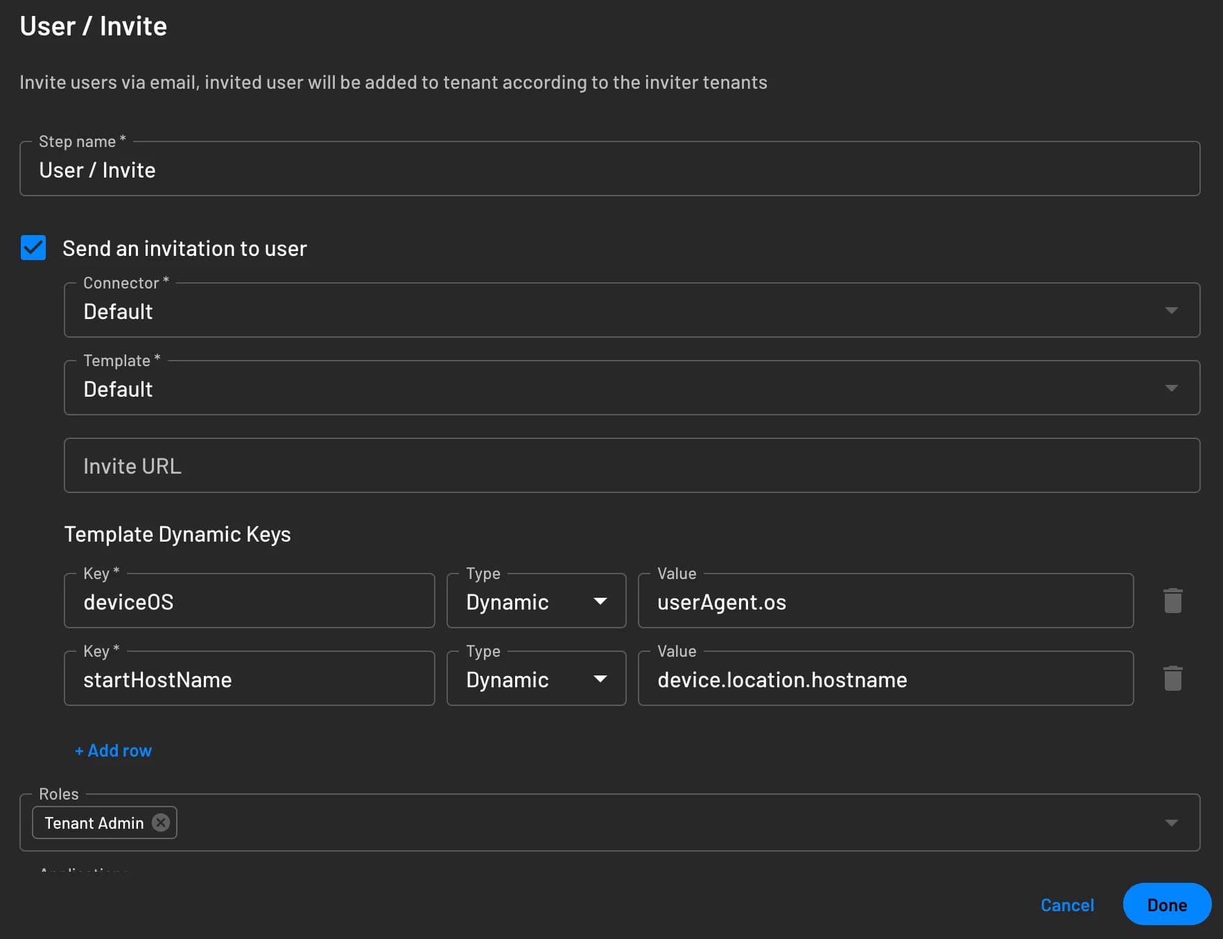 An example of adding template dynamic values within a Descope flow