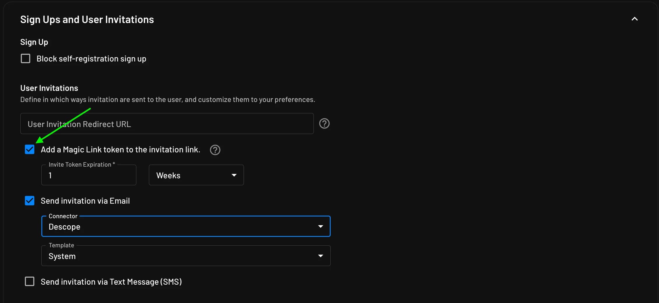 Check the box for enabling user invite emails to include a magic link within the Descope console