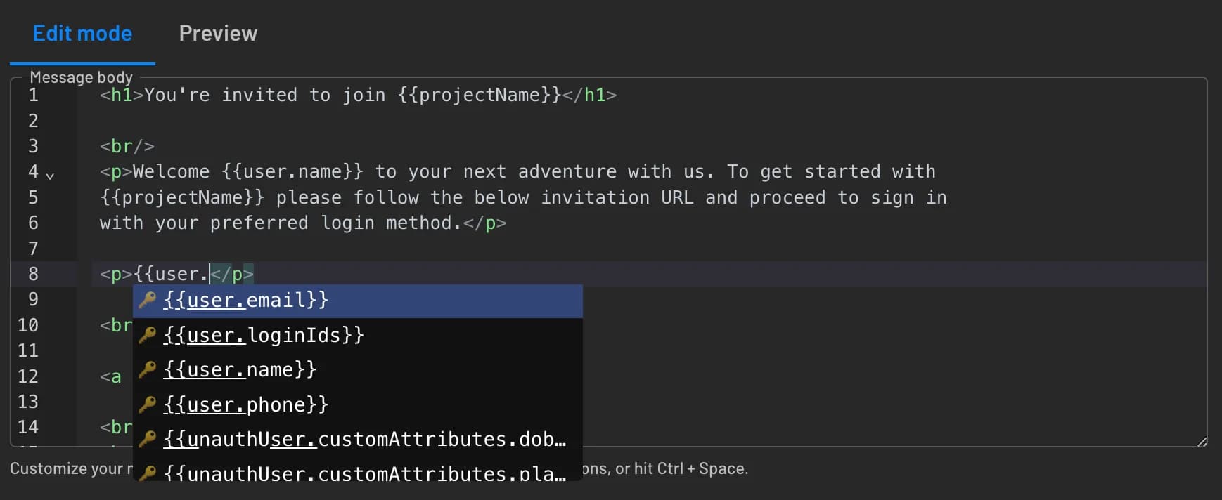 An example of using dynamic values in custom template for email invitation