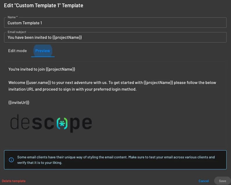 A preview of a customized email template in Descope