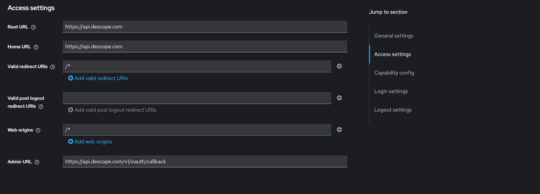 Access settings in Keycloak