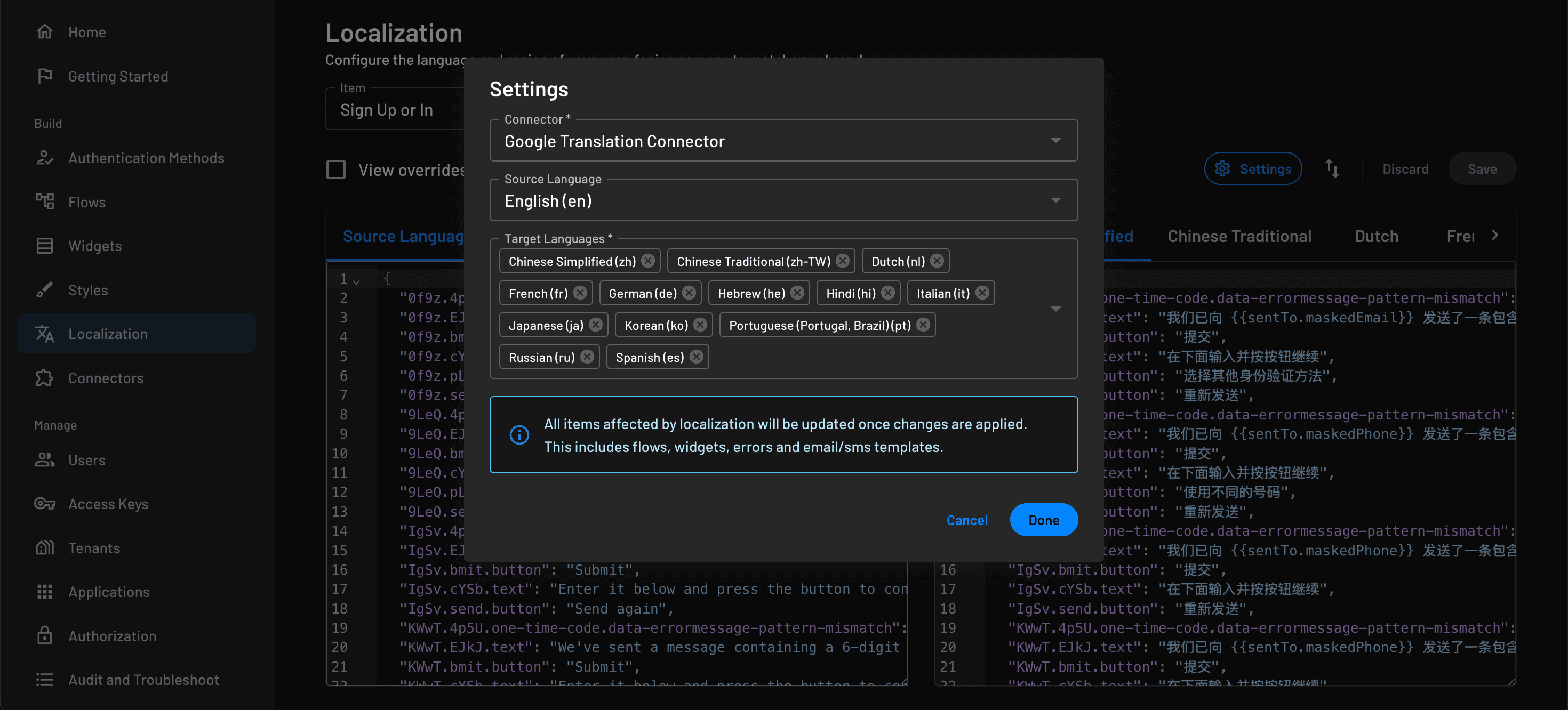 An example configuration of localization with a connector within Descope