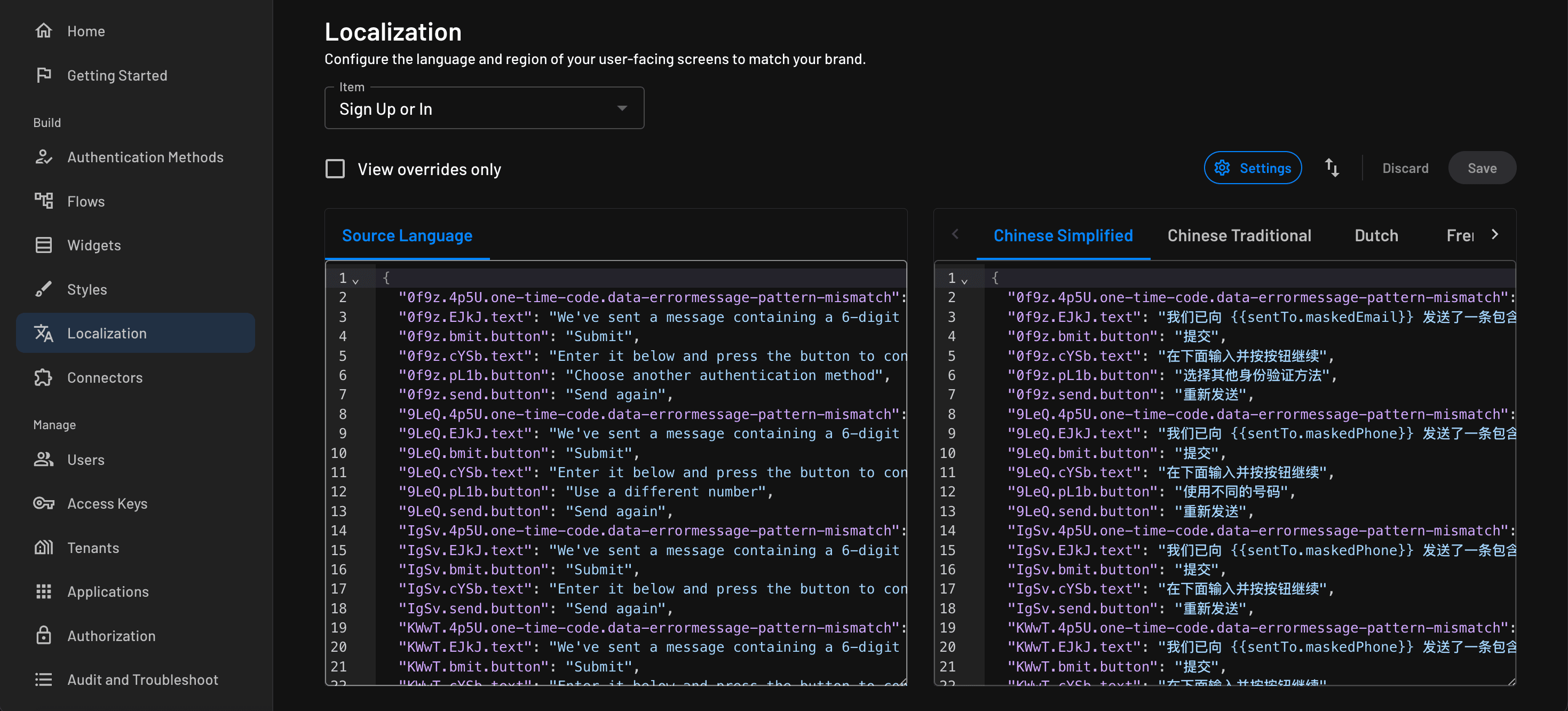 An example output of connector based localization of a flow within Descope