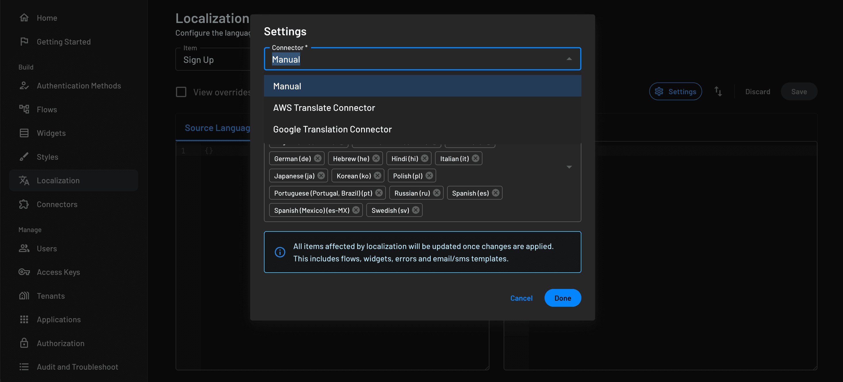 Selecting a configured connector for localization of a flow in Descope