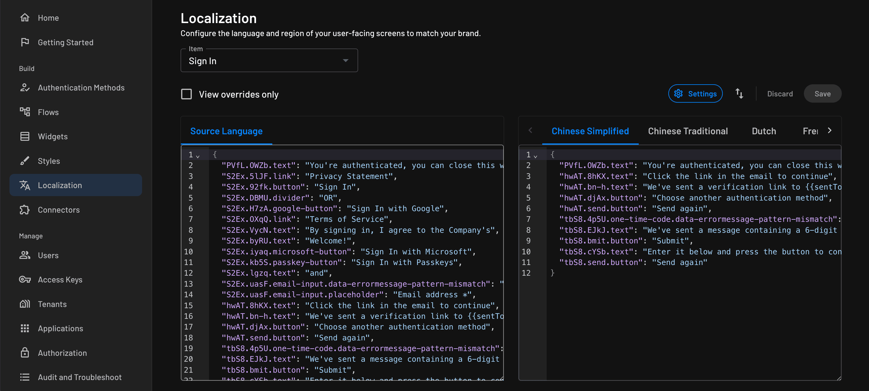 An example screen for manual localization of a flow within Descope