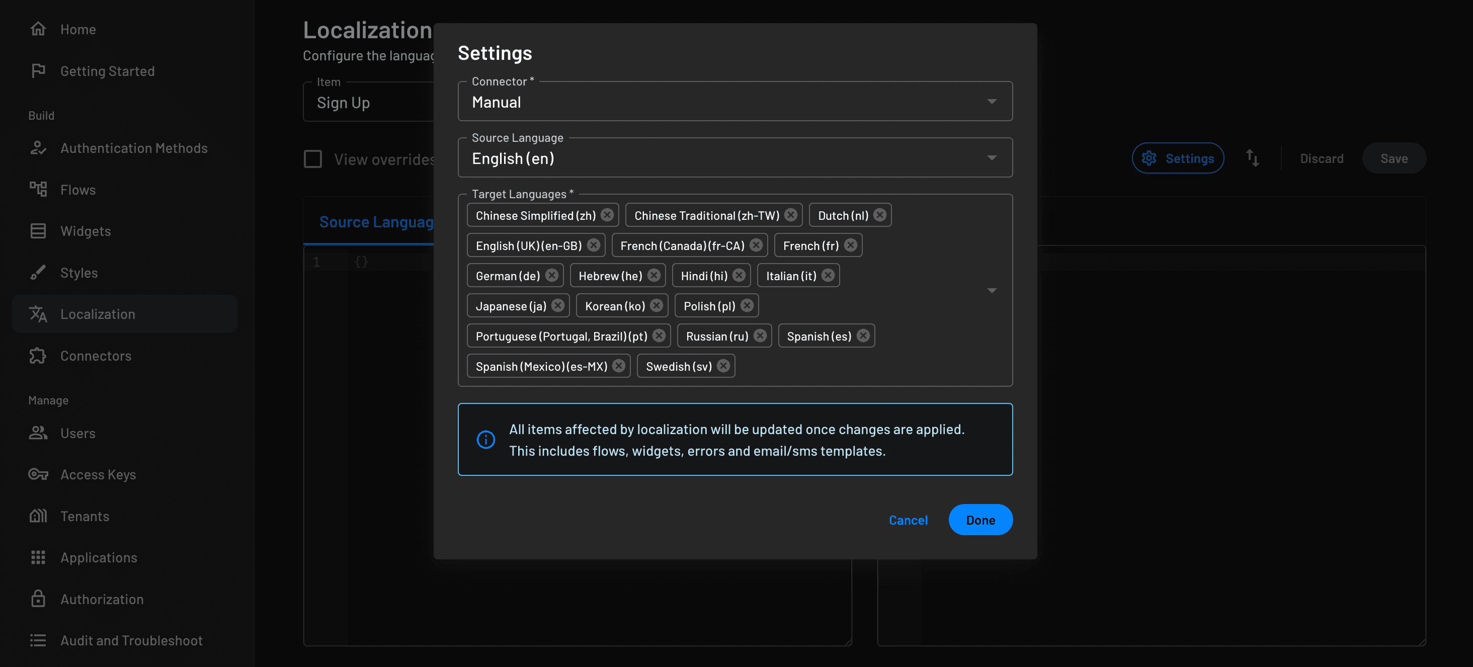 Localization modal within Descope for initializing of translation of a flow