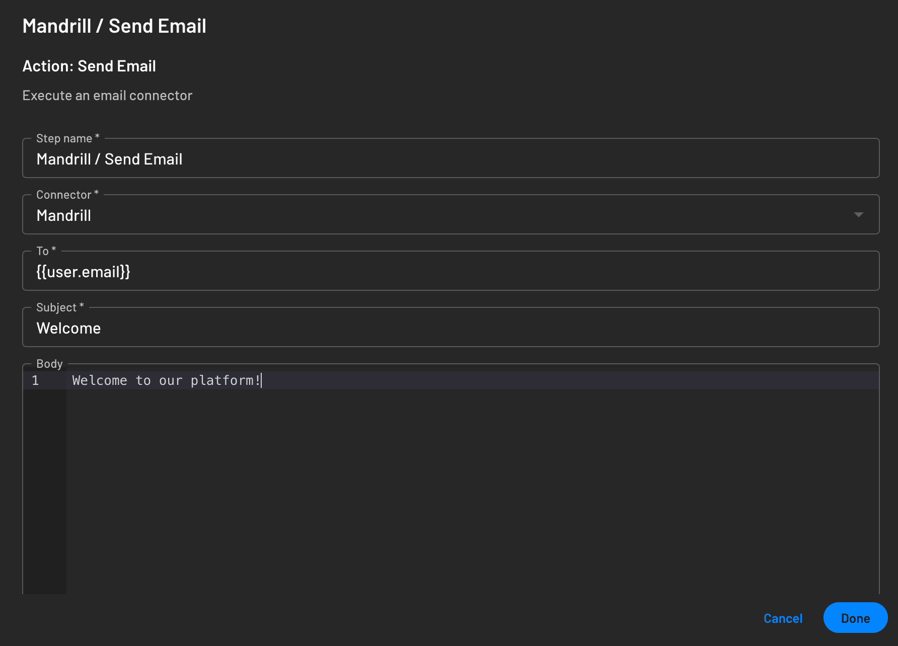 Mandrill connector widget input