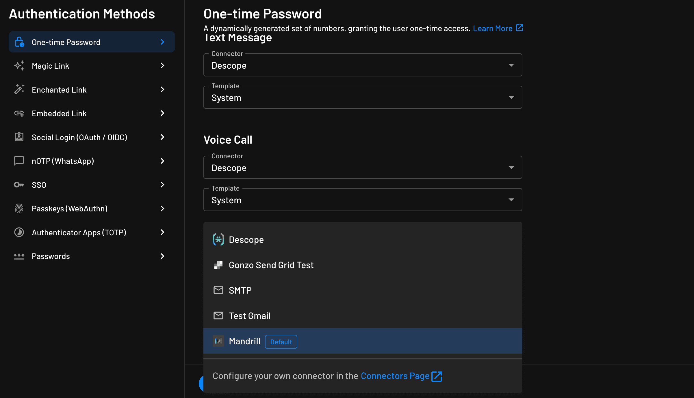 Configuring Mandrill as the default OTP connector within Descope Authentication Methods