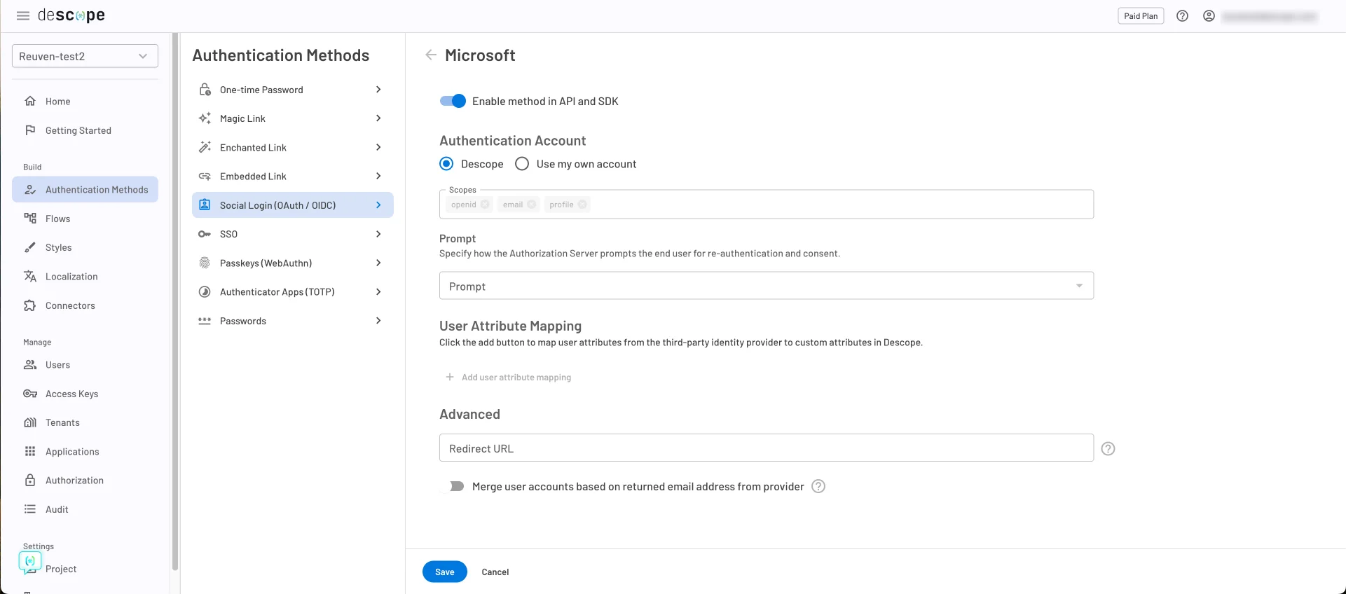 Descope custom social login with Microsoft, customize Microsoft OAuth