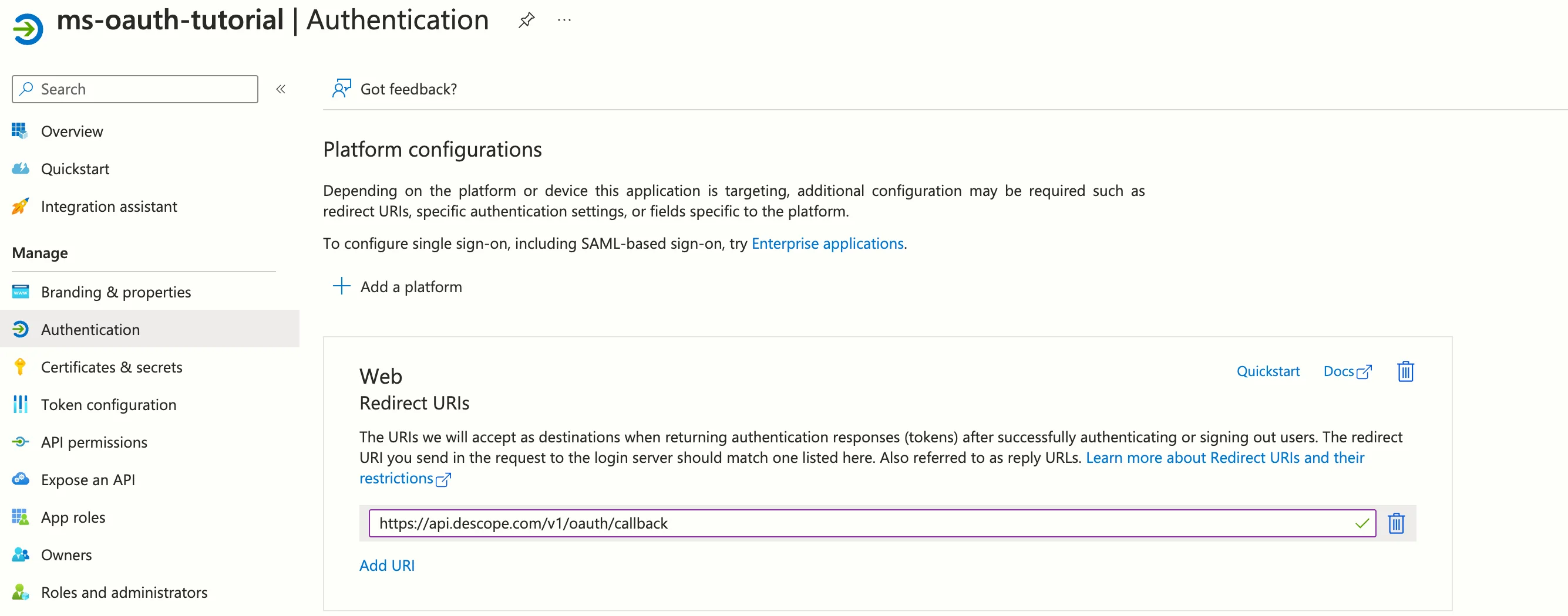 Descope custom social login with Microsoft, creating microsoft application 7