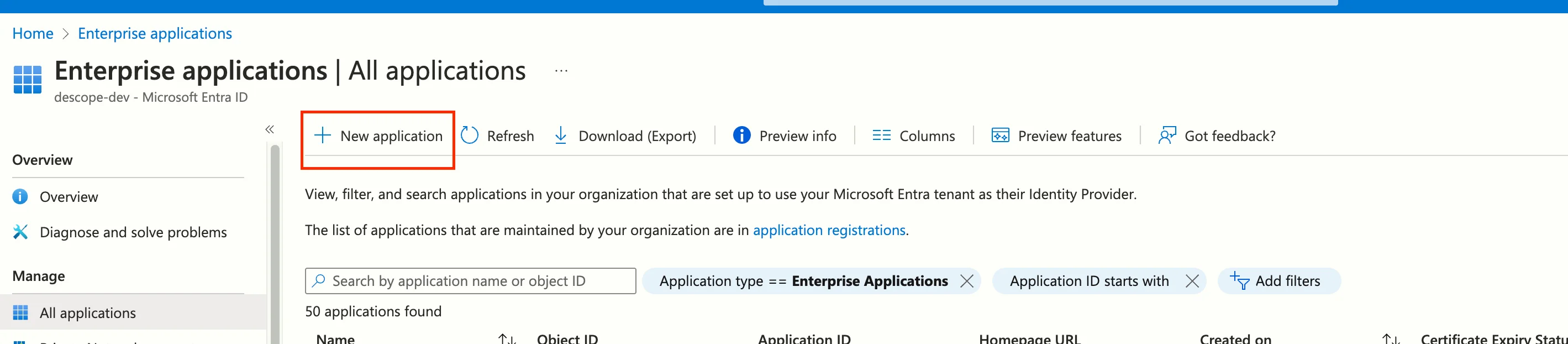 Descope custom social login with microsoft, creating microsoft enterprise application 1