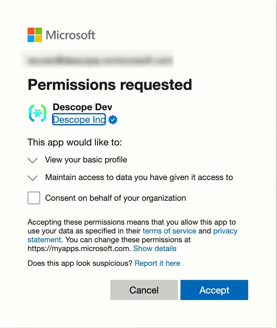 Descope custom social login with microsoft, Descope signin example