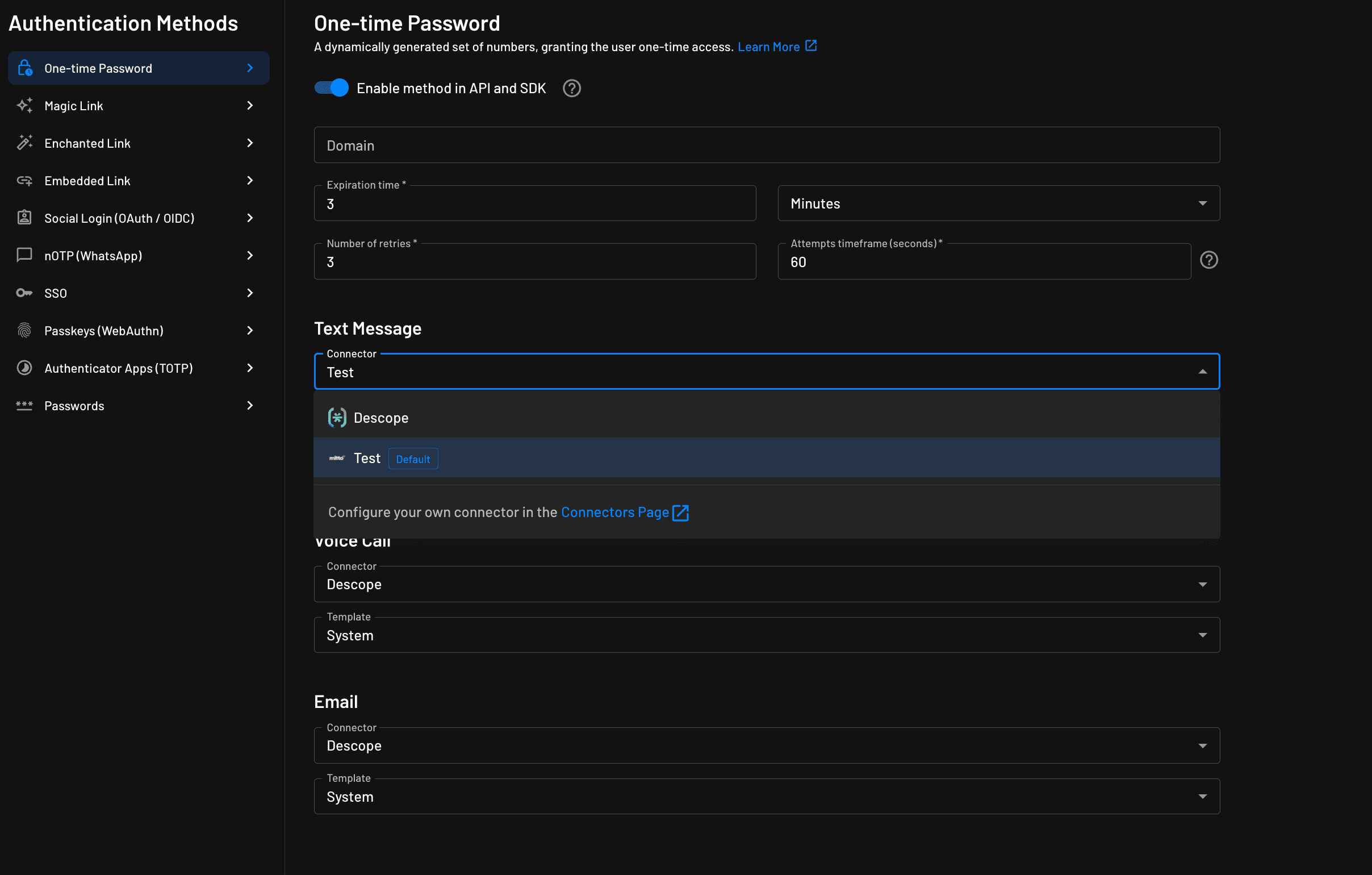 Configuring Mitto as the default OTP connector within Descope Authentication Methods