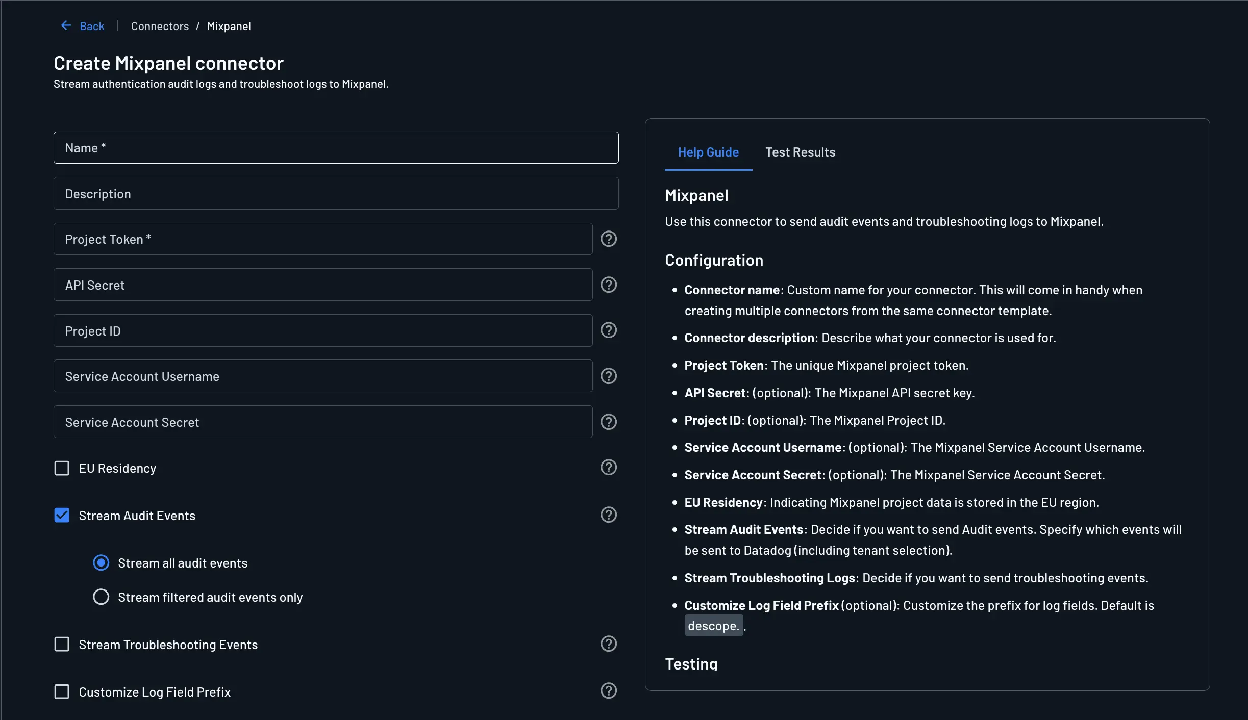 Mixpanel connector setup