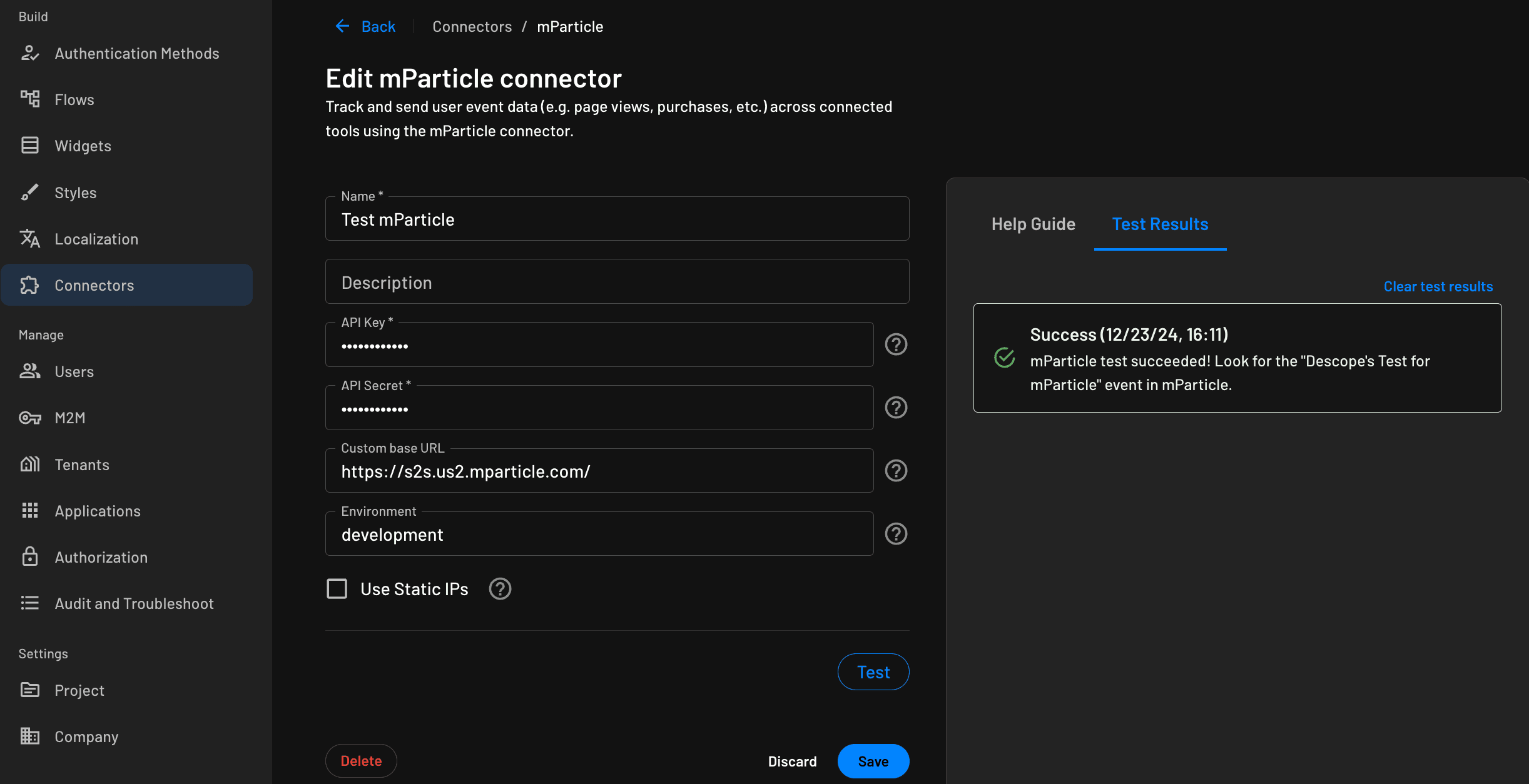 Descope example mParticle connector configuration