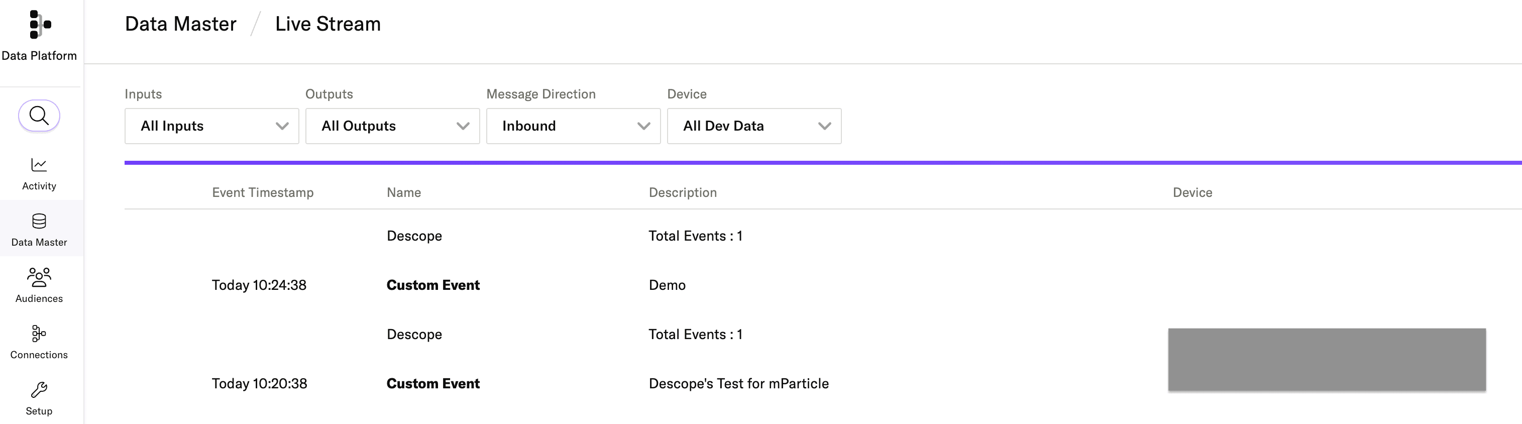 Descope example mParticle connector dashboard